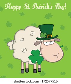 Irish Sheep Carrying A Clover In Its Mouth Under Text-Happy St. Patrick's Day. Vector Illustration