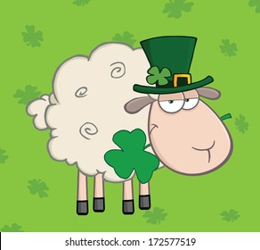 Irish Sheep Carrying A Clover In Its Mouth On A Green Background. Vector Illustration