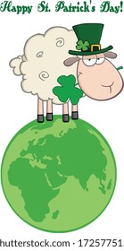 Irish Sheep Carrying A Clover On A Globe Under Text-Happy St. Patrick's Day. Vector Illustration