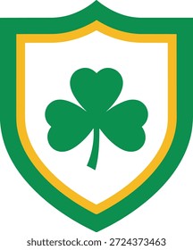Irish shield emblem featuring a shamrock clover. Flat vector illustration representing Ireland, heritage, and St. Patrick’s Day theme, isolated on white background.