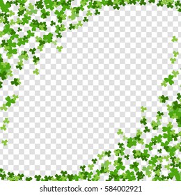 Irish sign and symbol of luck. Greeting happy St. Patrick's day. Green clover random falling on transparent background. Vector illustration