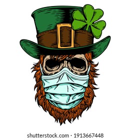 Irish skull with hat and clover, medical face mask epidemic quarantine holiday for irish St patrick day. Hand drawn art vector. vintage design t shirts.