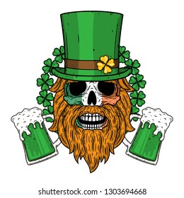 Irish skull. The skull of Saint Patrick's with green hat, glass beer and clover leaves. 
