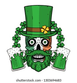 Irish skull. The skull of Saint Patrick's with green hat, glass beer and clover leaves. 