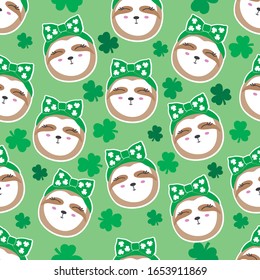 Irish sloth seamless pattern with clovers. 