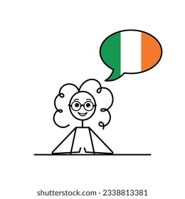 irisch sprechende Cartoon-Girl mit Sprachblase in Fahnen von Irland Farben, weibliche Charakter lernen irische Sprache, Vektorgrafik, schwarze Linie Skizze, Erse oder Gälisch, Irish Gaeilge