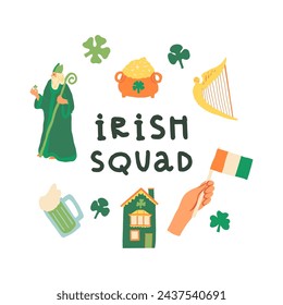 Tarjeta del Día de San Patricio de la escuadra irlandesa. San Patricio, la olla de oro de Leprechaun, un arpa, una cerveza verde, la casa de la Irlanda tradicional, tréboles de tres y cuatro hojas, la mano sostiene la bandera de Irlanda.