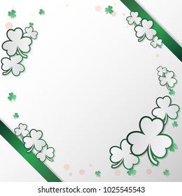 Irish square greeting card composition with green clover and white space in paper art style. Vector illustration.