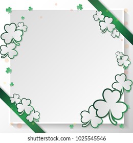 Irish square web banner. Composition with green clover, strips and white square in copy space. Paper art style. Vector illustration.