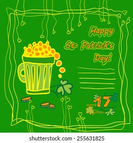 Irish st patrick day party card with flat symbols of the holiday and place for text. Vector illustration. Best your design, advertising, menus, invitations, party.