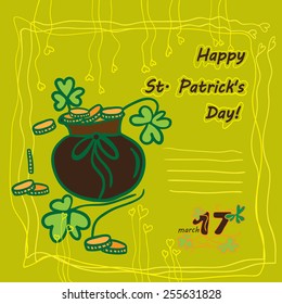 Irish st patrick day party card with flat symbols of the holiday and place for text. Vector illustration. Best your design, advertising, menus, invitations, party.