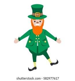 Irish St. Patrick leprechaun bearded character vector cartoon illustration. Isolated shoemaker dwarf in green costume and hat.