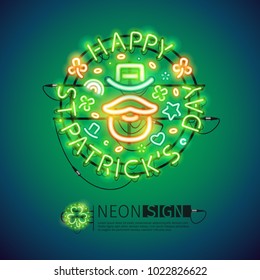 Irish St Patricks Day glowing neon sign makes it quick and easy to customize your holiday projects. Each of object is named and placed in a symbol panel. Used neon vector brushes are included.