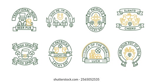 Irish St Patricks logos, labels, icons. A set of 8 festive logotypes. Beer, Gnome, Leprechaun, Shamrock, Gold. Ideal for branding festivals, travel, Irish theme websites. Vector illustration