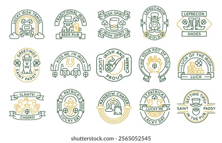 Irish St Patricks logos, labels, icons. A set of 15 festive logotypes. Beer, Gnome, Leprechaun, Shamrock, Gold. Ideal for branding festivals, travel, Irish theme websites. Vector illustration