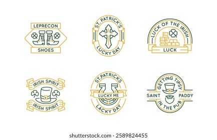 Irish St Patricks logos, labels, icons. A set of 6 festive logotypes. Beer, Gnome, Leprechaun, Shamrock, Gold. Ideal for branding festivals, travel, Irish theme websites. Vector illustration