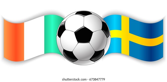 Irish and Swedish wavy flags with football ball. Ireland combined with Sweden isolated on white. Football match or international sport competition concept.