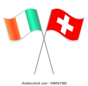 Irish and Swiss crossed flags. Ireland combined with Switzerland isolated on white. Language learning, international business or travel concept.