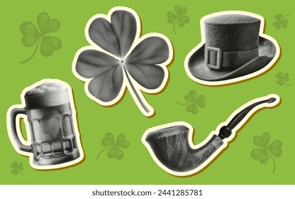 irish symbols set with shamrock leprechaun top hat beer mug smoking pipe halftone dotted collage elements isolated on green background with clover leaf hand drawn shapes