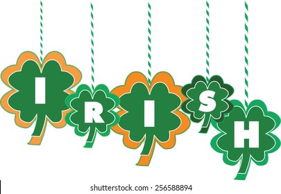 "Irish" text letters within hanging shamrock pendants - vector