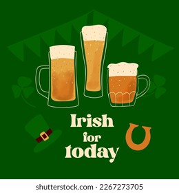 Irish for today text with stylized mug of beer illustration on green background