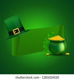 Irish traditional pot full of gold coins with leprechaun hat and space given for your message. St. Patrick's Day celebration greeting card design.