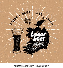 Irish traditional type of wine with graphic elements on the map of Ireland. Paper background