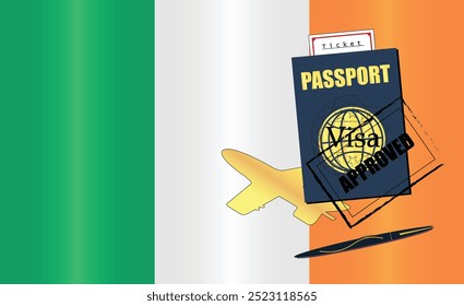 Irish Travel Documentation Concept with blue Passport and Ireland Flag. Approved Stamp. Airplane and Travel Tickets. Ideal for Immigration Tourism and Traveling Themes. Vector EPS available