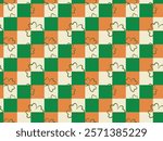 Irish tricolour checkered seamless pattern. Tree leaves clover line traditional symbol of good luck, fortune. St. Patrick