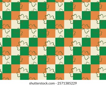 Irish tricolour checkered seamless pattern. Tree leaves clover line traditional symbol of good luck, fortune. St. Patrick's spring Celtic culture celebration. Cute vector illustration background