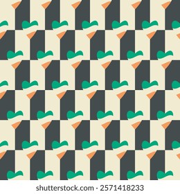 Irish tricolour concept checkered seamless pattern. Traditional flag colour heart symbol. St. Patrick's spring Celtic culture celebration. Classic geometrical grid vector illustration background