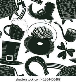 Irish vector background. Hand drawn St. Patricks Day seamless pattern. Leprechaun hat, clover, beer mug, barrel, golden coin pot illustrations.