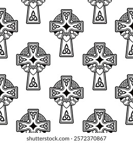 Irish vector seamless pattern with Celtic cross with Claddagh ring - heart and hands vector design - St Patrick's Day celebration in Ireland