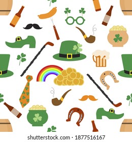 Irish Vector seamless pattern Happy St. Patrick's Day illustrations: Shamrock, Horseshoe, Smoking pipe, Beer, Leprechaun's shoe, Sausage, Pot of gold, Rainbow, Mustache Hat, walking stick Holiday Party Festive