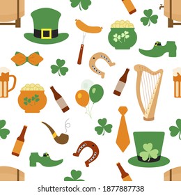 Irish Vector seamless pattern Happy St. Patrick's Day illustration Ireland Shamrock Horseshoe Smoking pipe Beer Leprechaun's shoe Sausage Pot of gold Hat Tie Balloons Harp Holiday Party Festive Design