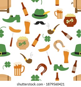 Irish Vector seamless pattern Happy St. Patrick's Day illustration Ireland Shamrock Horseshoe Smoking pipe Beer Leprechaun's shoe Sausage Pot of gold Mustache Hat Holiday Party Festive Design Print