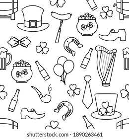 Irish Vector seamless pattern Happy St. Patrick's Day illustration Ireland Shamrock Horseshoe Smoking pipe Beer Leprechaun's shoe Sausage Pot of gold Hat Tie Balloons Harp Holiday Party Festive Design