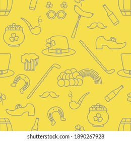Irish Vector seamless pattern Happy St. Patrick's Day illustration Shamrock Horseshoe Smoking pipe Beer Leprechaun's shoe Sausage Pot of gold Rainbow Mustache Hat, Illuminating and Ultimate Gray.