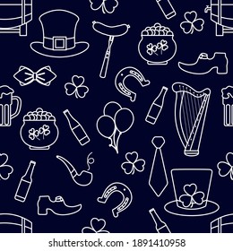 Irish Vector seamless pattern Happy St. Patrick's Day illustration Ireland Shamrock Horseshoe Smoking pipe Beer Leprechaun's shoe Sausage Pot of gold Hat Tie Balloons Harp Holiday Party Festive Design