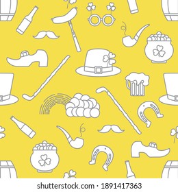 Irish Vector seamless pattern Happy St. Patrick's Day illustration Shamrock Horseshoe Smoking pipe Beer Leprechaun's shoe Sausage Pot of gold Rainbow Mustache Hat, Illuminating and Ultimate Gray