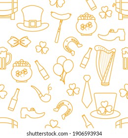 Irish Vector seamless pattern Happy St. Patrick's Day illustration Ireland Shamrock Horseshoe Smoking pipe Beer Leprechaun's shoe Sausage Pot of gold Hat Tie Balloons Harp Holiday Party Festive Design