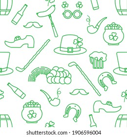 Irish Vector seamless pattern Happy St. Patrick's Day illustration Shamrock Horseshoe Smoking pipe Beer Leprechaun's shoe Sausage Pot of gold Rainbow Mustache Hat, walking stick Holiday Party Festive