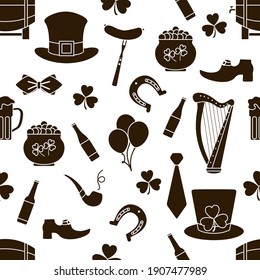 Irish Vector seamless pattern Happy St. Patrick's Day illustration Ireland Shamrock Horseshoe Smoking pipe Beer Leprechaun's shoe Sausage Pot of gold Hat Tie Balloons Harp Holiday Party Festive Design