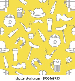 Irish Vector seamless pattern Happy St. Patrick's Day illustration Ireland Shamrock Horseshoe Smoking pipe Beer Leprechaun's shoe Sausage Pot of gold Mustache Hat Illuminating and Ultimate Gray.