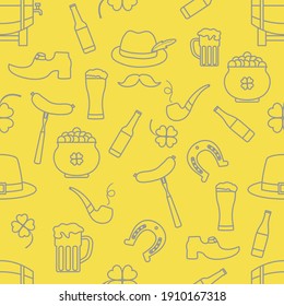 Irish Vector seamless pattern Happy St. Patrick's Day illustration Ireland Shamrock Horseshoe Smoking pipe Beer Leprechaun's shoe Sausage Pot of gold Mustache Hat Illuminating and Ultimate Gray.