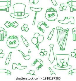 Irish Vector seamless pattern Happy St. Patrick's Day illustration Ireland Shamrock Horseshoe Smoking pipe Beer Leprechaun's shoe Sausage Pot of gold Hat Tie Balloons Harp Holiday Party Festive Design