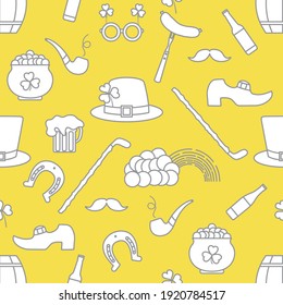 Irish Vector seamless pattern Happy St. Patrick's Day illustration Shamrock Horseshoe Smoking pipe Beer Leprechaun's shoe Sausage Pot of gold Rainbow Mustache Hat, Illuminating and Ultimate Gray.