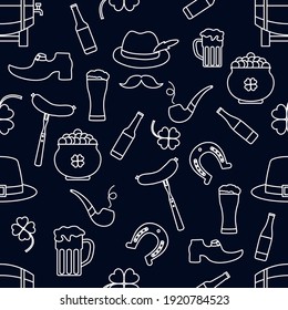 Irish Vector seamless pattern Happy St. Patrick's Day illustration Ireland Shamrock Horseshoe Smoking pipe Beer Leprechaun's shoe Sausage Pot of gold Mustache Hat Holiday Party Festive Design Print