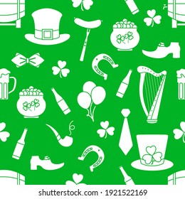 Irish Vector seamless pattern Happy St. Patrick's Day illustration Ireland Shamrock Horseshoe Smoking pipe Beer Leprechaun's shoe Sausage Pot of gold Hat Tie Balloons Harp Holiday Party Festive Design