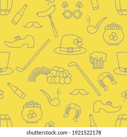 Irish Vector seamless pattern Happy St. Patrick's Day illustration Shamrock Horseshoe Smoking pipe Beer Leprechaun's shoe Sausage Pot of gold Rainbow Mustache Hat, Illuminating and Ultimate Gray.